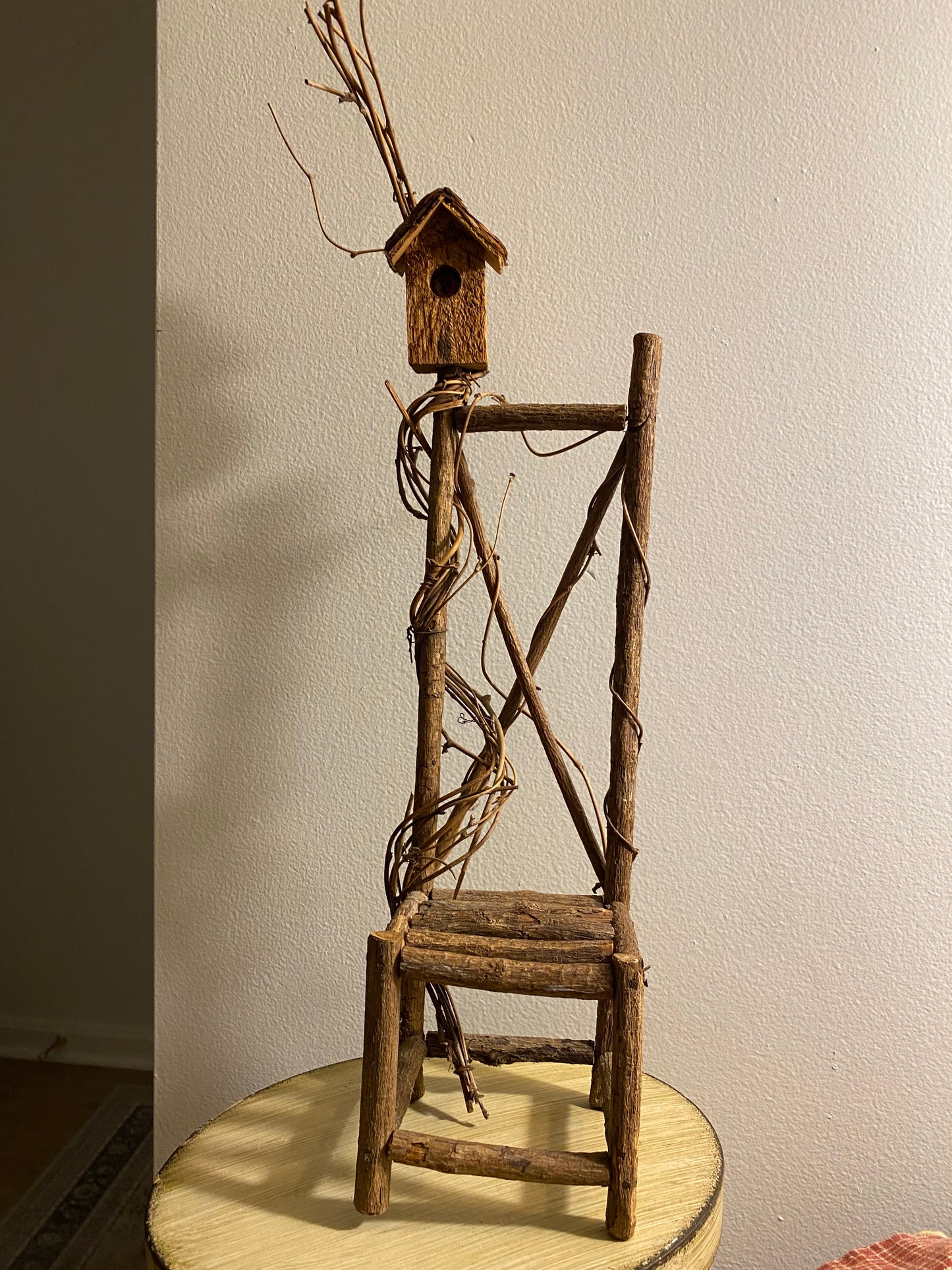 Wood and twine chair w/birdhouse