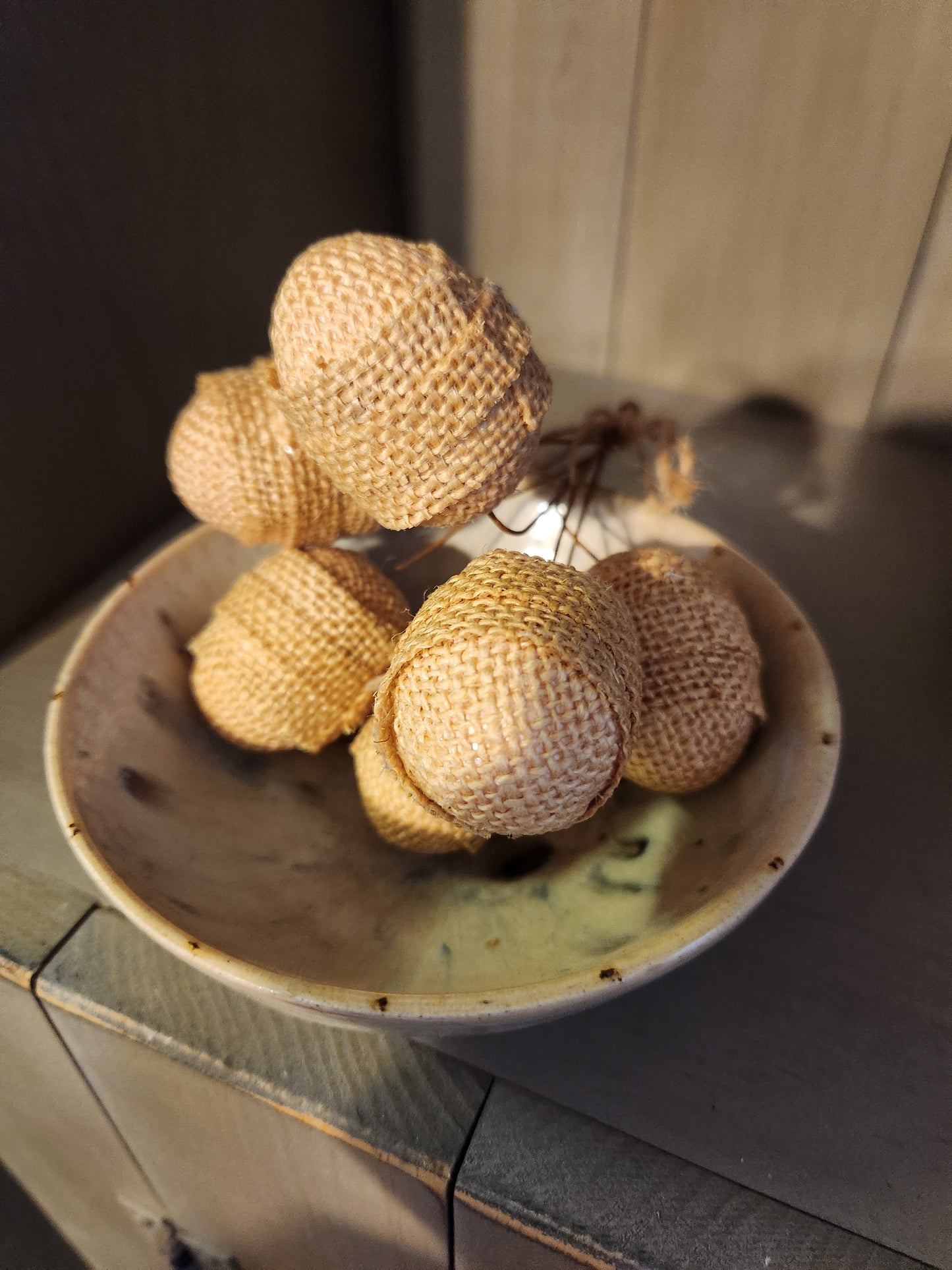 Yellow burlap eggs