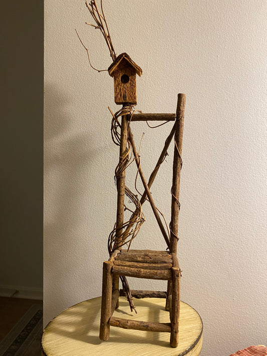 Wood and twine chair w/birdhouse
