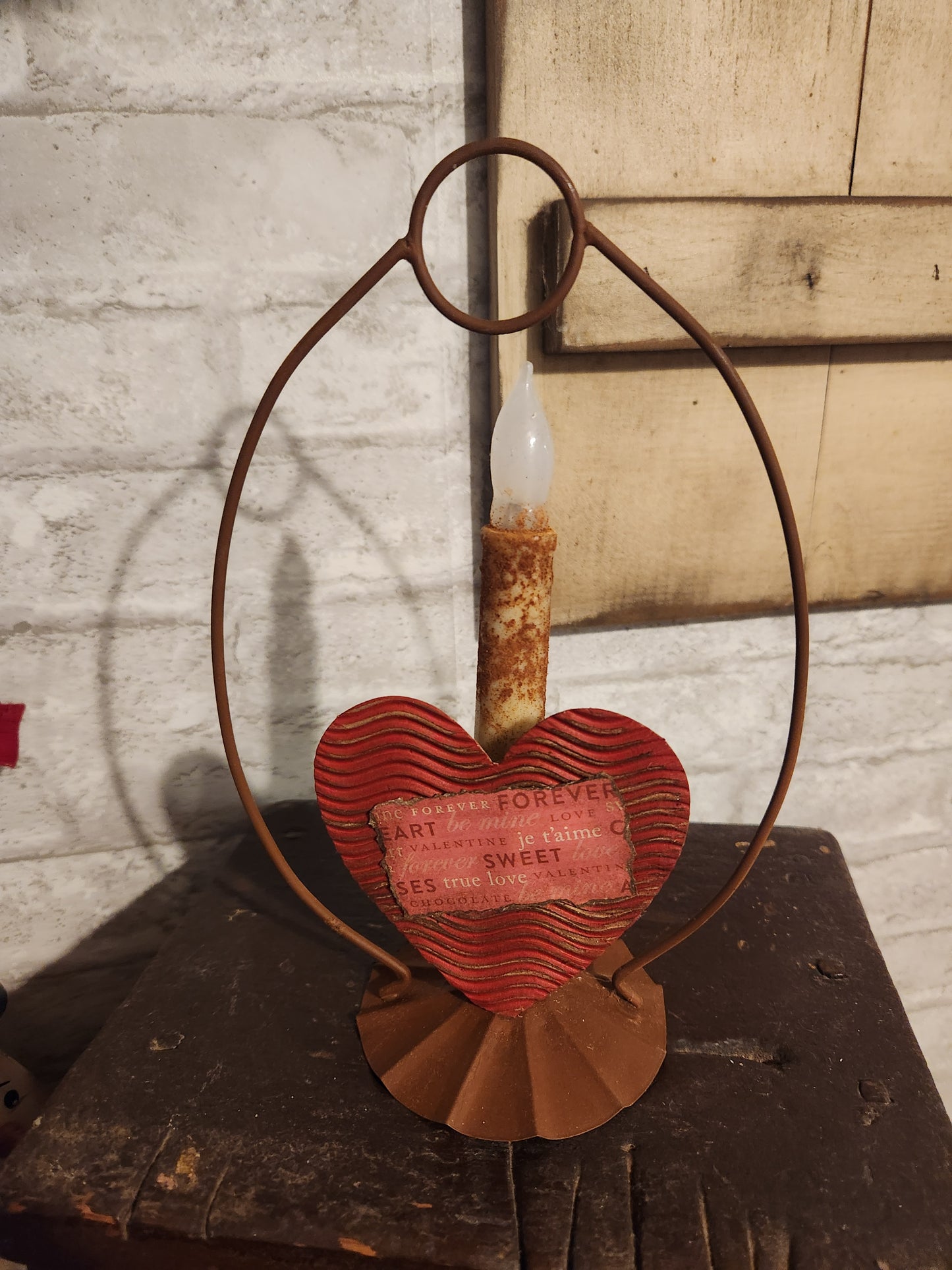 Heart rustic candle holder red