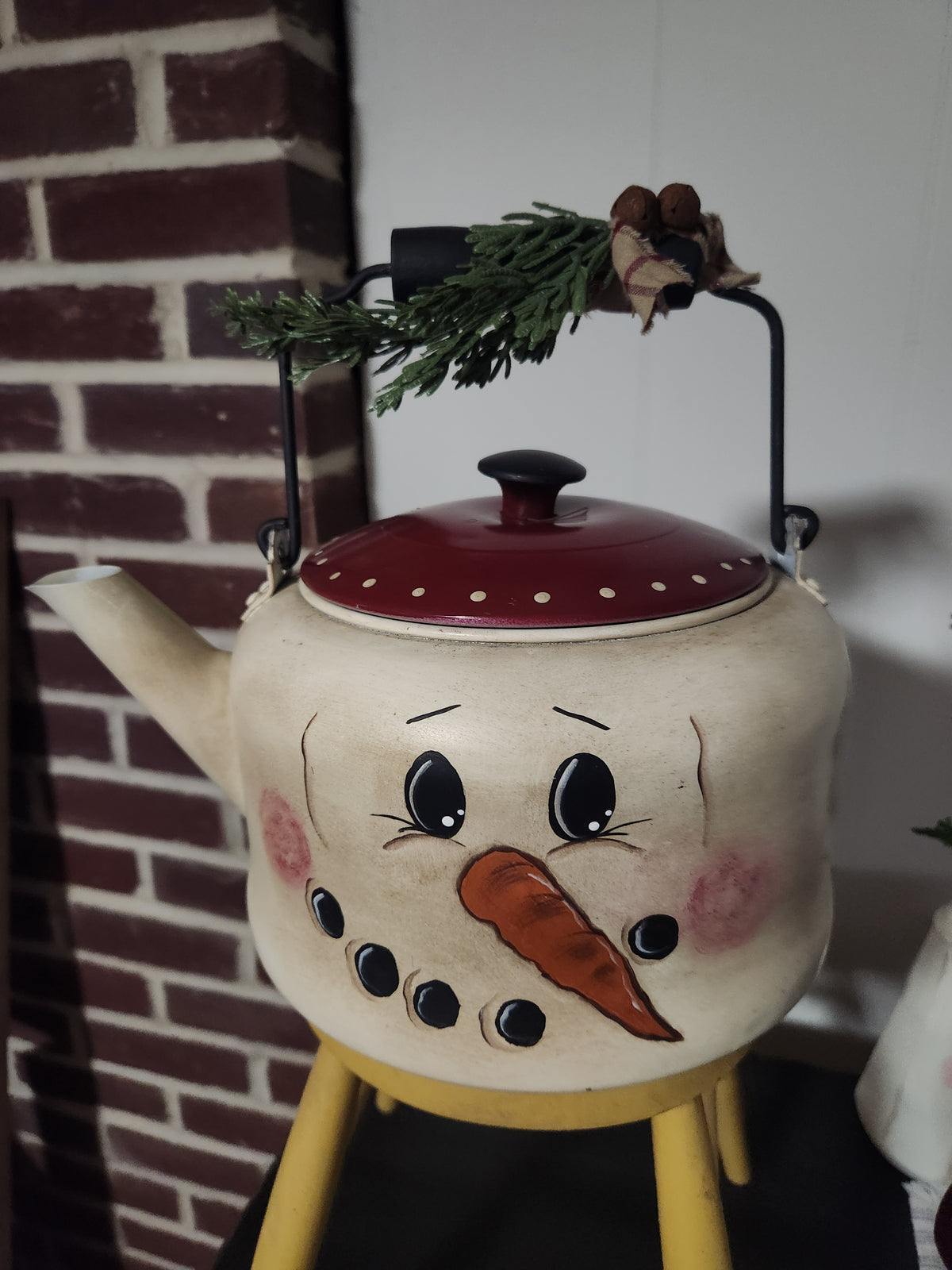 Large snowman tea kettle with pine