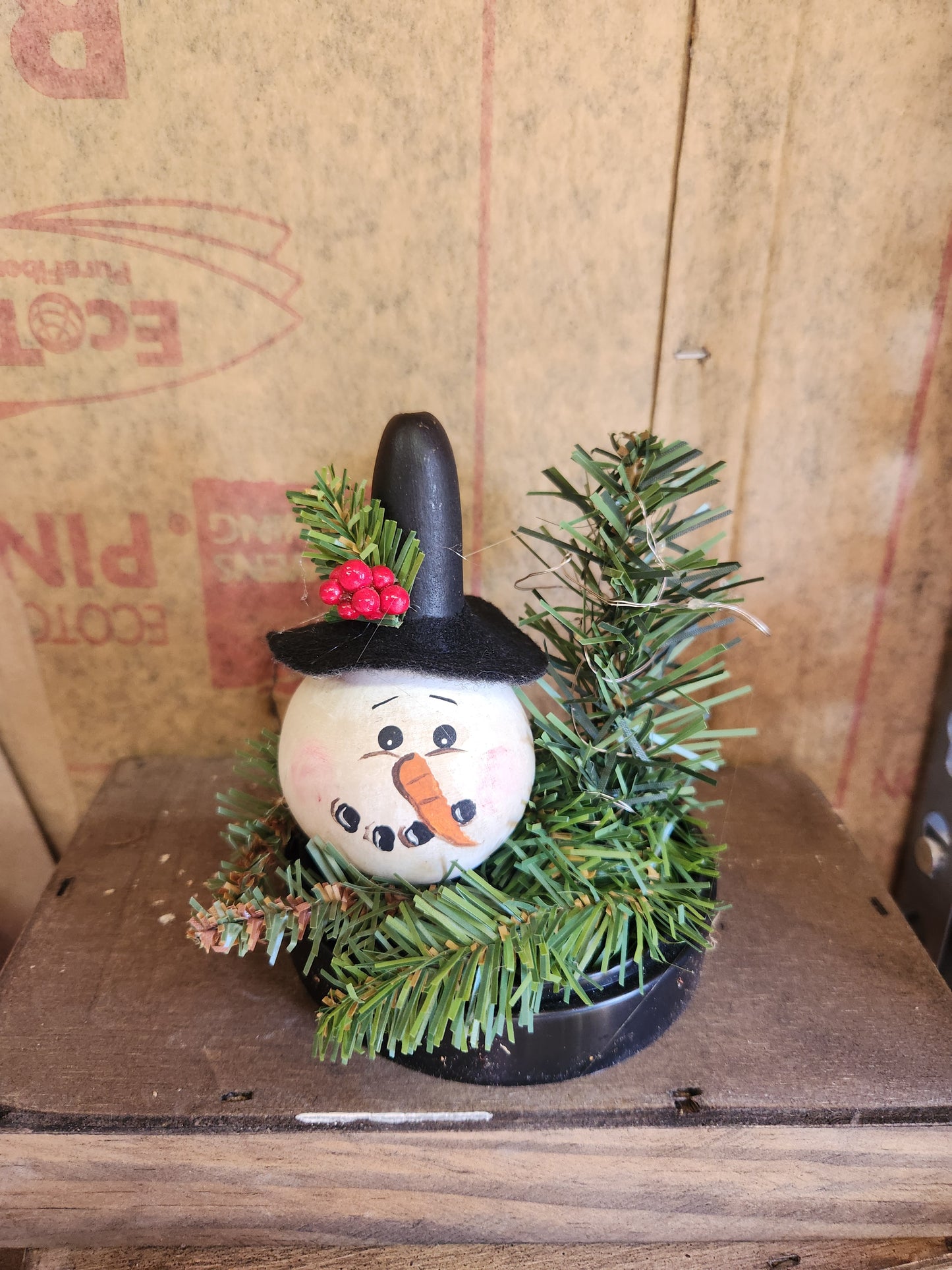 Snowman with lit tree