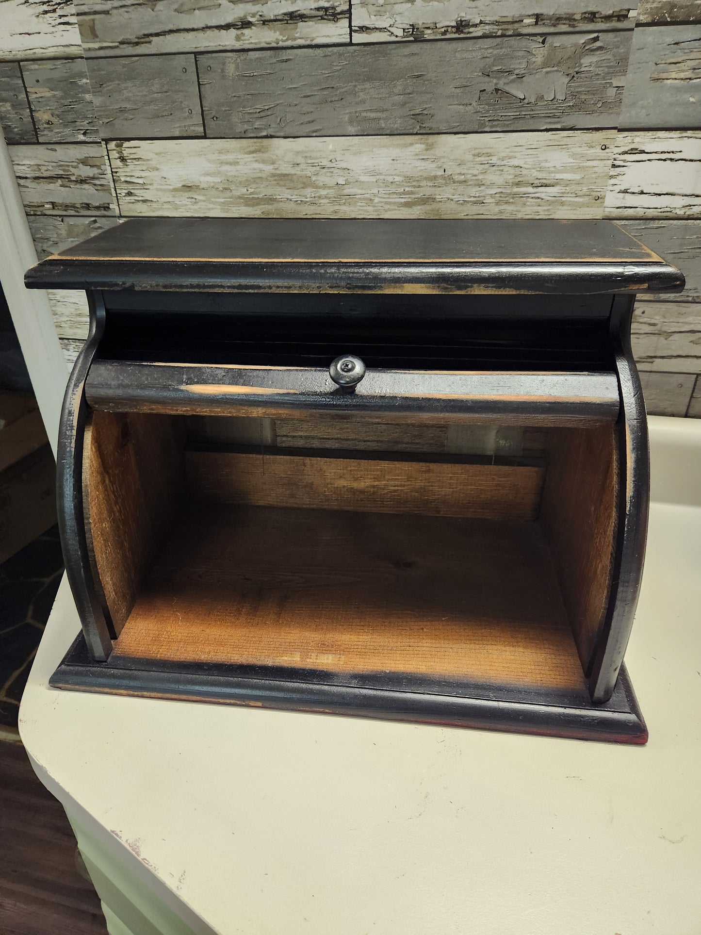 Repurposed roll top wood bread box