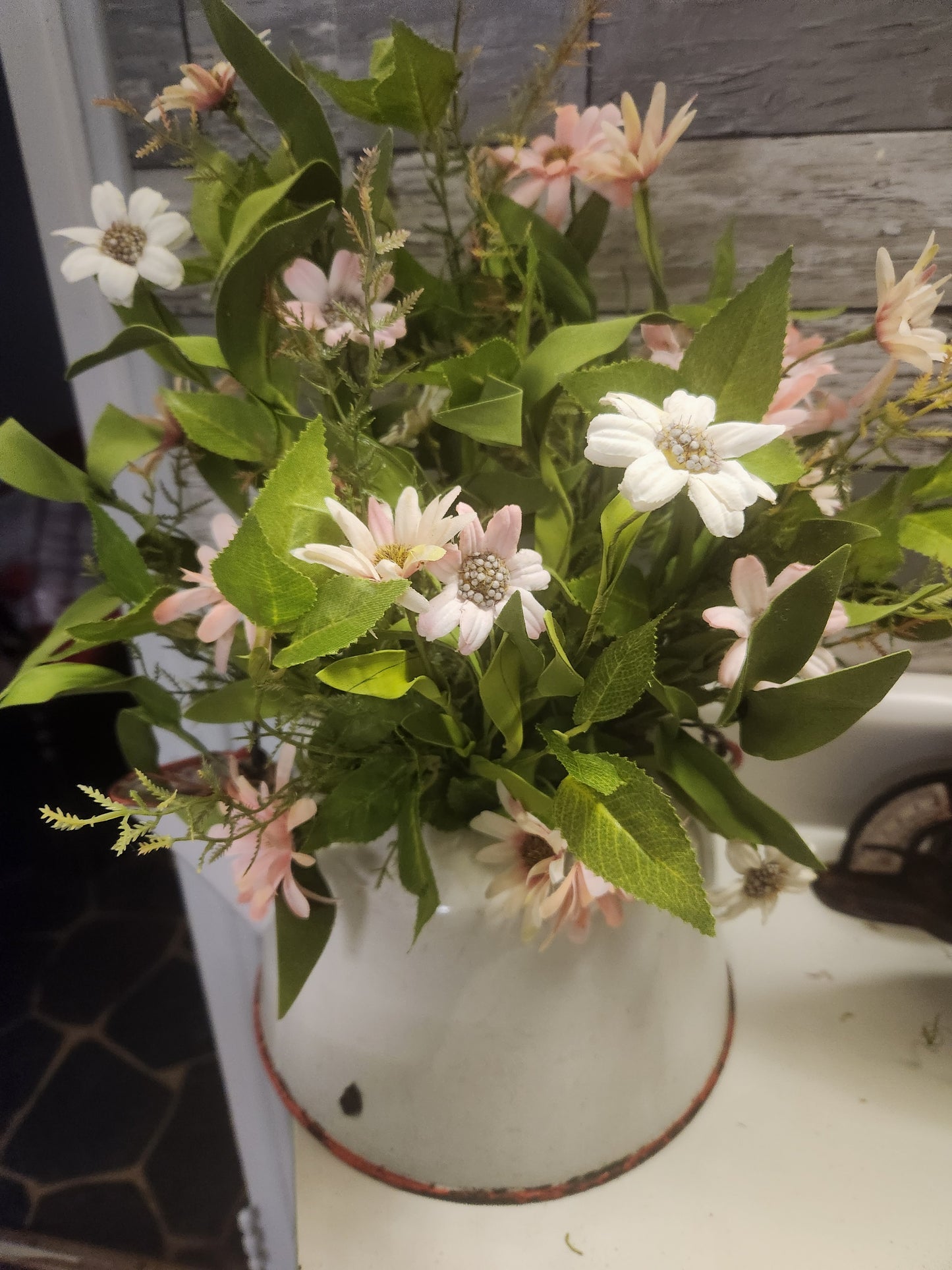 Old enamel tea kettle arrangement
