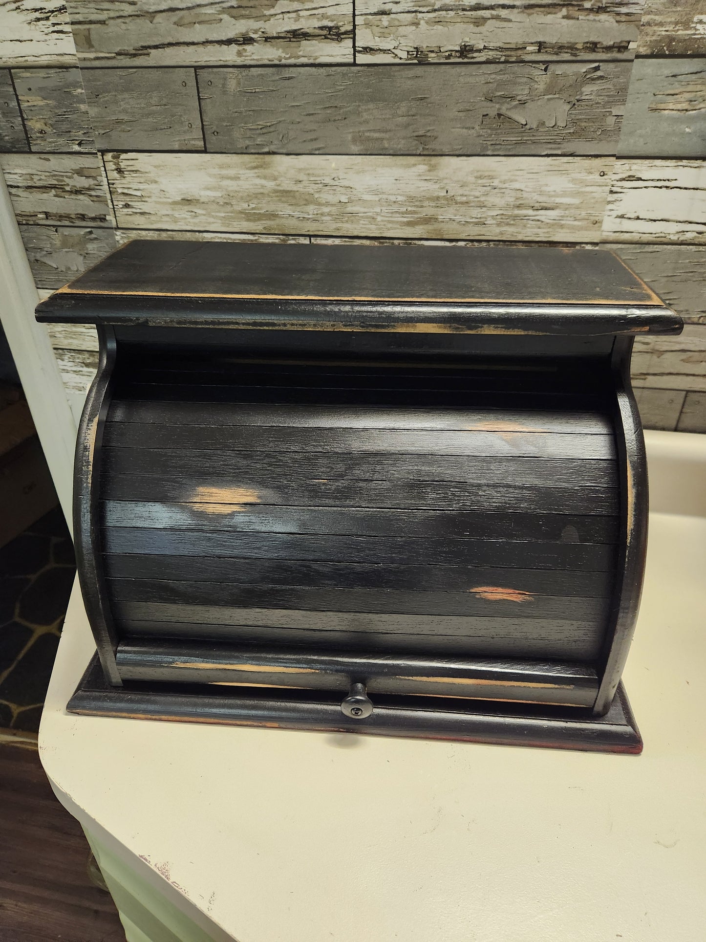 Repurposed roll top wood bread box